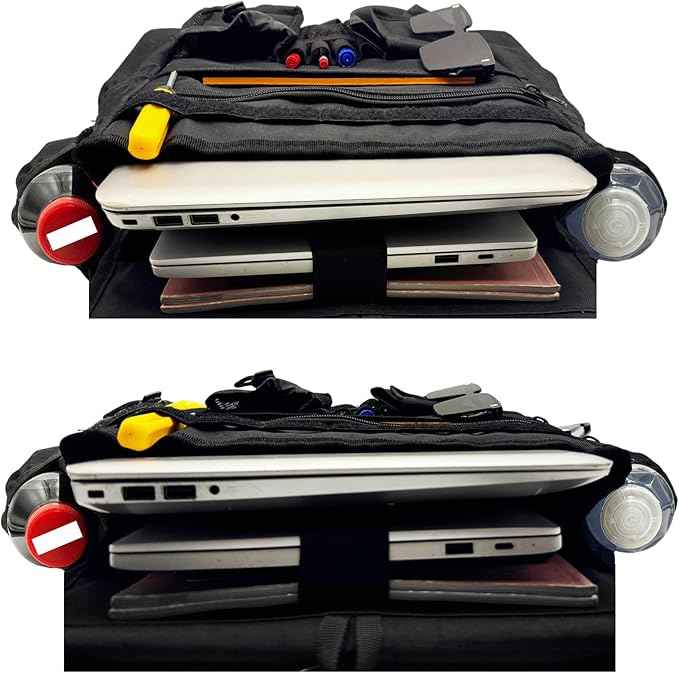 Front & Seat back organizer with dedicated tablet and 15.6 IN laptop storage stabilizers external stabilizing side straps soft adjustable shoulder straps hardened buckle Universal fits for Most of Car