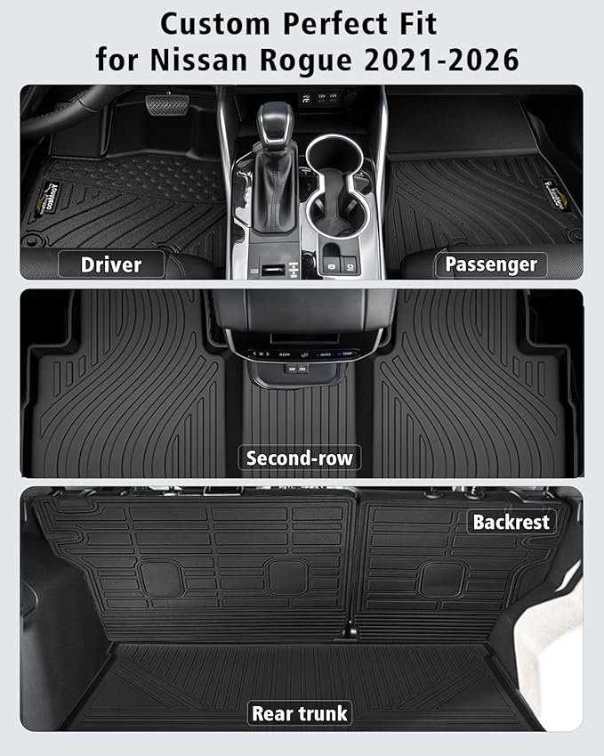Floor Mats Custom for Nissan Rogue 2021-2025 2026 Trunk Mat with Backrest Mat (NOT for Sport) All Weather TPE Cargo Liner Anti-Slip Full Set for Rogue Accessories (Trunk Mat+Backrest Mats+Floor Mats)