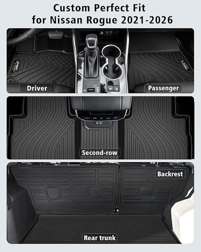 Floor Mats Custom for Nissan Rogue 2021-2025 2026 Trunk Mat with Backrest Mat (NOT for Sport) All Weather TPE Cargo Liner Anti-Slip Full Set for Rogue Accessories (Trunk Mat+Backrest Mats+Floor Mats)