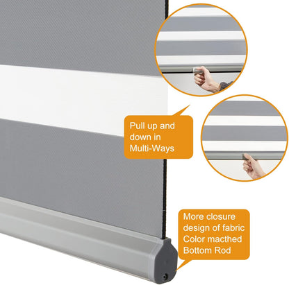Persilux Zebra Shades Cordless Blinds for Windows (22" W x 72" H, Grey) Dual Layer Zebra Roller Shades, Free Stop Sheer Window Treatments for Home, Office, Bathroom…