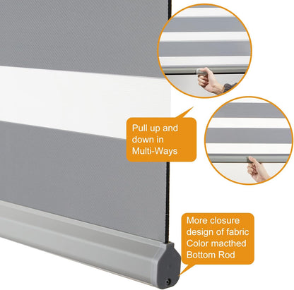 Persilux Cordless Zebra Blinds for Windows (31" W X 64" H, Grey) Free-Stop Roller Windows Shades Dual Layer Light Control for Day and Night, Light Filtering Sheer Shades for Home