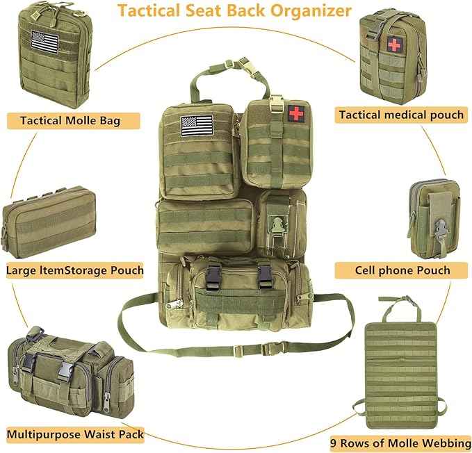tactical car seat back organizer and storage truck seat covers with a Molle Vehicle Panel and 5 Different Size Molle Pouches for most models such as Jeep,SUV,Pickup (Army green)