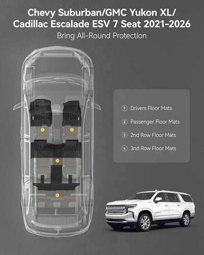 3W Floor Mats Fit for 2021 2022 2023 2025 2026 Chevy Suburban/GMC Yukon XL/Cadillac Escalade ESV 7 Seat, TPE All Weather Custom Fit Car Accessories Full Set Car Liners for Bucket Seat
