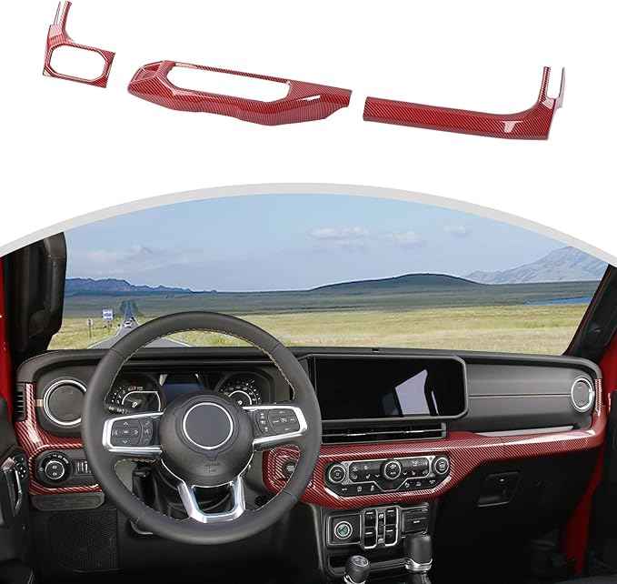 CheroCar for JL Center Console Headlight Air Conditioning Control Panel & Co-Pilot Handle Panel Interior Accessories fit for Jeep Wrangler JL JLU 2024+,Red Carbon Fiber