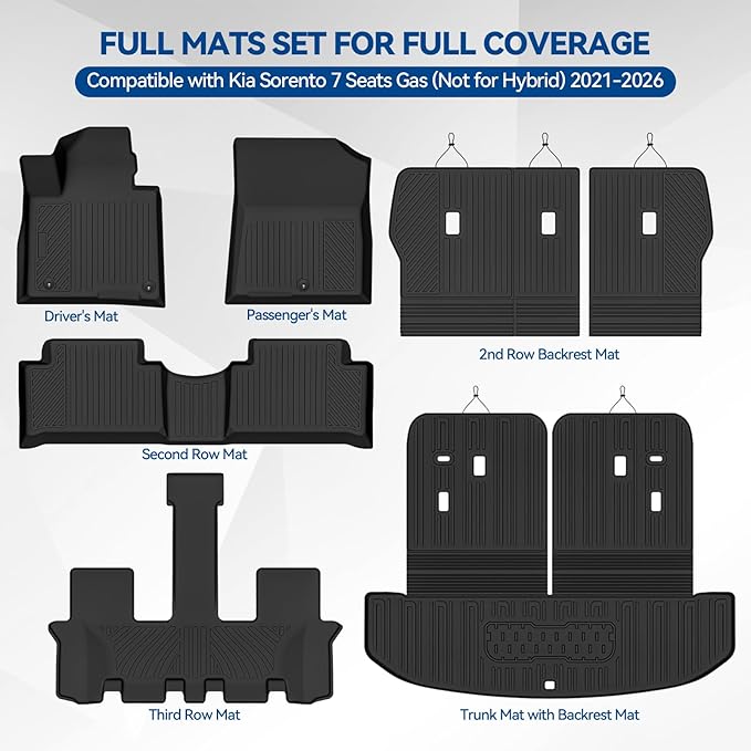 Custom Fit Floor Mats for Kia Sorento 7 Seats/Bench Seats Gas (Not for Hybrid) 2021-2026, All Weather TPE Floor Liners & Trunk Mat & Backrest Protectors, Odorless Full Set Interior Accessories