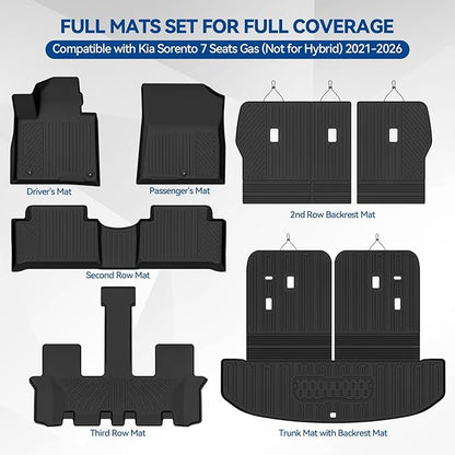 Custom Fit Floor Mats for Kia Sorento 7 Seats/Bench Seats Gas (Not for Hybrid) 2021-2026, All Weather TPE Floor Liners & Trunk Mat & Backrest Protectors, Odorless Full Set Interior Accessories