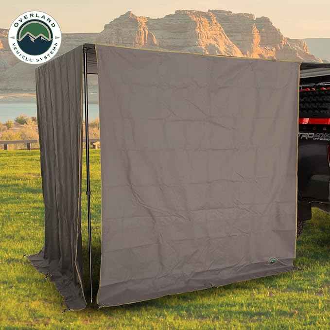 Overland Vehicle Systems HD Nomadic 6.5’ Awning Shade Wall - 280G Poly Cotton Rip Stop Grey Body, Green Trim - C Channel Attachment - Included Storage Bag