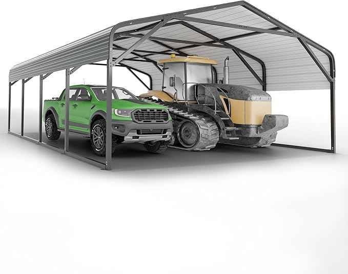 20x20 FT Heavy Duty Metal Carport, 2-Car Garage with Galvanized Steel Roof & Structural Reinforcement, 120lbs/Sq.Ft Snow/Wind Resistant, Ground Anchors, Fits Pickups, Trucks, RVs,Boats
