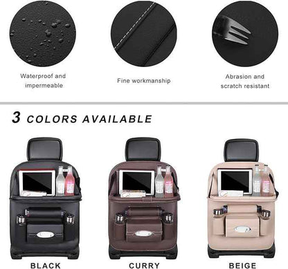 2PCS Car Backseat Organizer, Leather Multi-Pocket Seat Back Protector with Foldable Table Tray, Multifunctional Vehicle Storage Organizer Kick Mat for Kids Toddler Travel (Coffee)