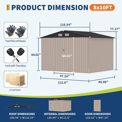 8x10 FT Metal Storage Sheds Outdoor with Floor, Metal ToolShed with Lockable Door, Metals Yard Sheds Metals Garden Shed Kit, MetalUtility Sheds Buildings with Air Vent for Backyard Garden Patio Lawn