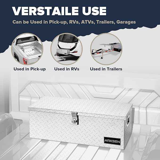 ARKSEN 30 x 13 x 10 Inch Diamond Plate Truck Bed Tool Box, Heavy Duty Waterproof Aluminum Toolboxes Storage Chest with Side Handle & Lock for Pickup Truck Bed, RV & Trailer – Silver