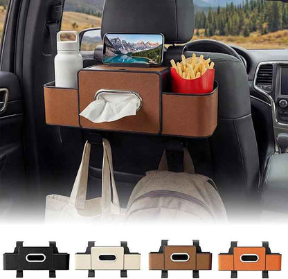Backseat Car Organizer, 4 in 1 Multifunctional Car Back Seat Storage Organizer with Tissue Box, 2 Cup Holders, Phone Stand and Hooks, Automotive Seat Back Organizers (Brown)