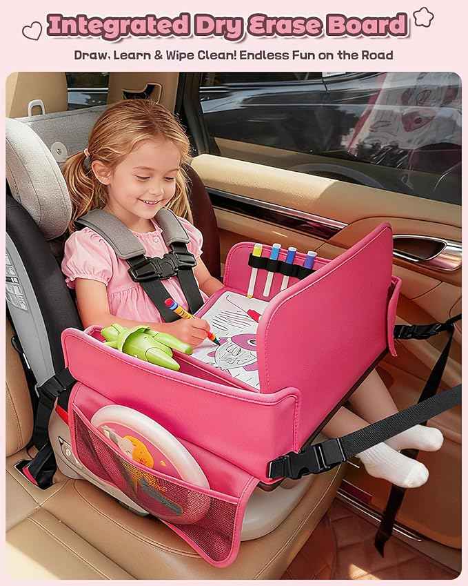Leather Kids Travel Tray for Car - Car Seat Tray for Kids Travel, Road Trip Essentials, Carseat Table for Roadtrip Activities - Must Have Toddler Lap Desk Organizer for Airplane (Pink)