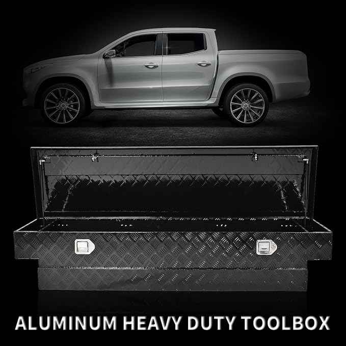 69 Inch Black Heavy Duty Aluminum Tool Box Wide Utility Trailer Stripes Plated 5 Bar Tread for Pick Up Truck Bed RV ATV Organizer Trailer Storage ToolBox w/Lock and Keys (69"X20"X14.75")