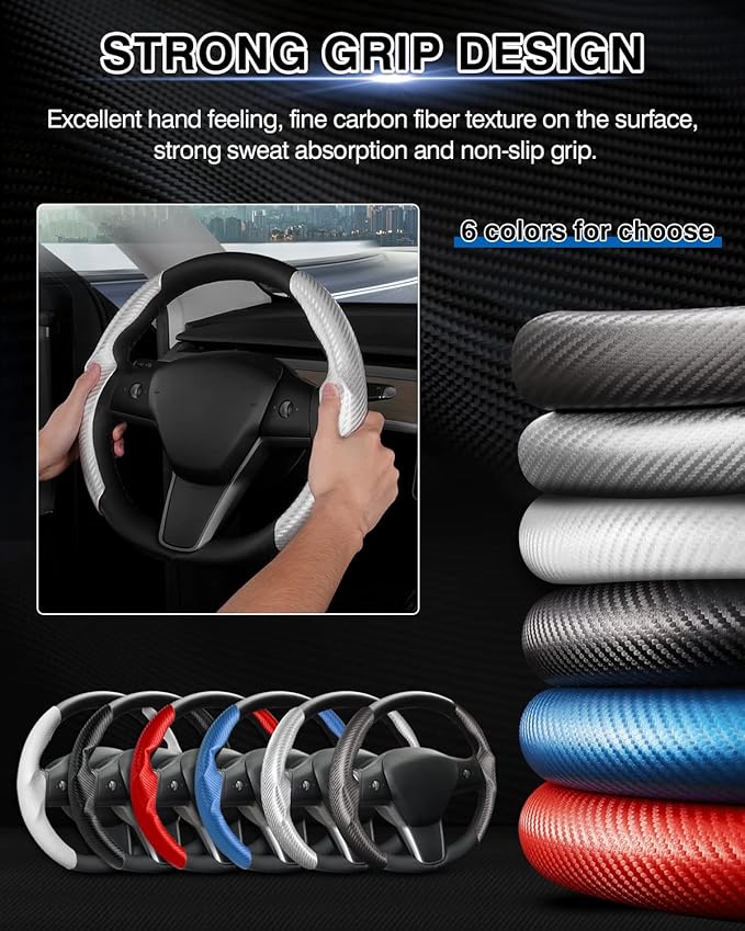 Steering Wheel Cover for Telsa Model 3/Model Y Accessories Carbon Fiber Steering Wheel Cover Protector Anti-Slip, Comfortable Grip, Breathable, Model 3/Y Accessories, Silver