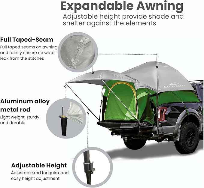 Savvycraft Pickup Truck Tent for Full Size and Mid Size Truck Short Bed and Long Bed, Waterproof P3000mm 2-Person Double Layer Truck Bed Camping Tent, Expandable Awning, Rainfly, Storage Bag Included