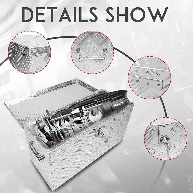 24 Inch Tool Box Flatbox Truck Bed Toolbox,RV Storage Organizer,Truck Tools Chest Box With Side Handle & Lock KeysCompatible with Trailer Pickup,Silver Aluminum 5 Bar Tread(24.2"x10.4"x11.8")