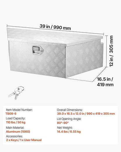 VEVOR Trailer Tongue Box, Heavy Duty Trailer Tongue Tool Box Storage Organizer with Lock & Keys, Utility Tool Chest for Pickup Truck Bed, RV, SUV, Off-Road Vehicle, Aluminum, 39" x 16.5" x 12", Silver
