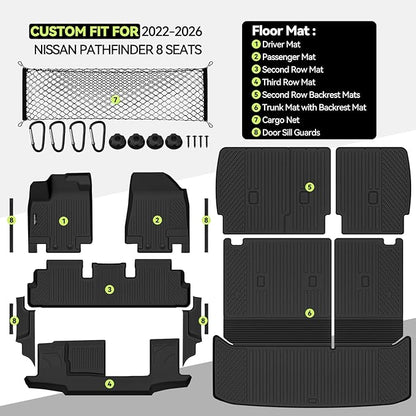 Tongama-Floor Mats for 2022-2026 Nissan Pathfinder 8 Seat with Bench Seats, All Weather TPE Trunk Mat with Backrest Mat & 2nd Row Backrest Mats & Cargo Net & Full Coverage Door Sill Guards Kit
