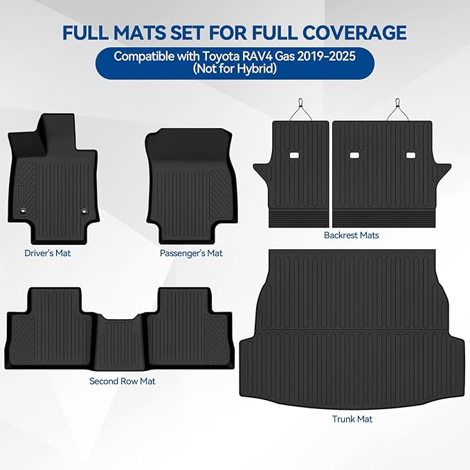 Custom Fit Floor Mats for Toyota RAV4 Gas 2019-2025(Not for Hybrid), All Weather TPE Floor Liners with Trunk Mat & Backrest Protectors, Odorless Full Set Interior Accessories