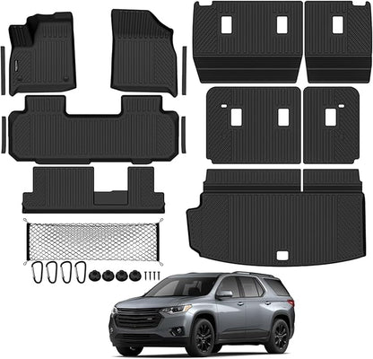 Tongama-Floor Mats for 2018-2023 Chevy Traverse 8 Seat with Bench Seats, All Weather TPE Trunk Mat & 2nd/3rd Row Backrest Mats & Cargo Net & Door Sill Guards for Traverse Floor Liner Accessories