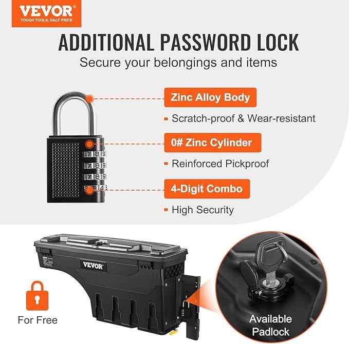 VEVOR Truck Bed Storage Box, Lockable Lid, Waterproof ABS Wheel Well Tool Box 6.6 Gal/20 L with Password Padlock, Compatible with Dodge Ram 1500 2019-2021, Passenger Side, Black