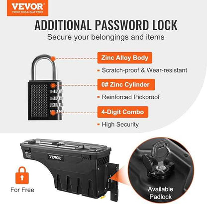 VEVOR Truck Bed Storage Box, Lockable Lid, Waterproof ABS Wheel Well Tool Box 6.6 Gal/20 L with Password Padlock, Compatible with Dodge Ram 1500 2019-2021, Passenger Side, Black