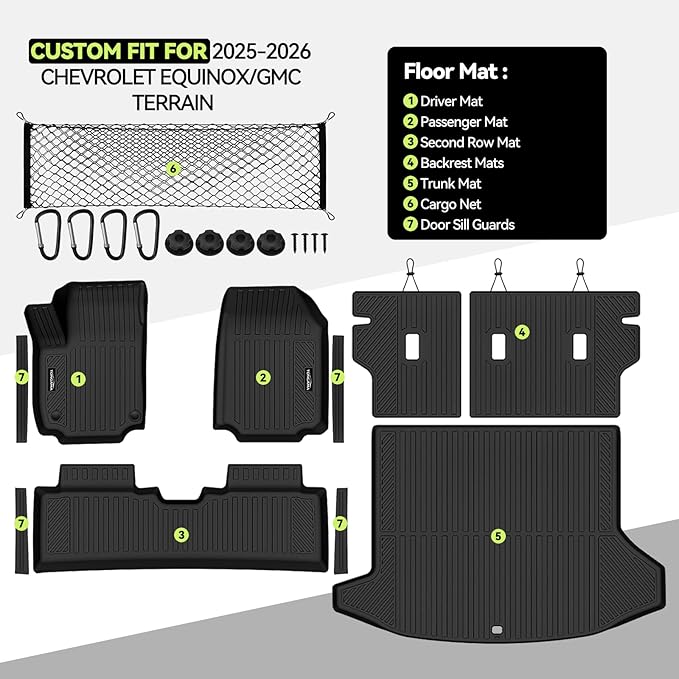 Tongama-Floor Mats for 2025-2026 Chevrolet Equinox/GMC Terrain, All Weather TPE Trunk Mat and Backrest Mats Protector and Cargo Net and Door Sill Guards for Chevrolet Equinox Floor Liner Accessories