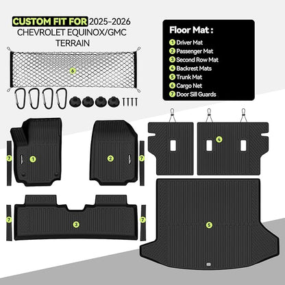Tongama-Floor Mats for 2025-2026 Chevrolet Equinox/GMC Terrain, All Weather TPE Trunk Mat and Backrest Mats Protector and Cargo Net and Door Sill Guards for Chevrolet Equinox Floor Liner Accessories