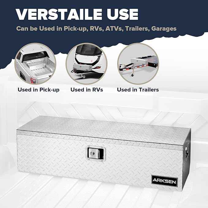 ARKSEN 39 x 13 x 10 Inch Diamond Plate Truck Bed Tool Box, Heavy Duty Waterproof Aluminum Toolboxes Storage Chest with Side Handle & Lock for Pickup Truck Bed, RV & Trailer – Silver