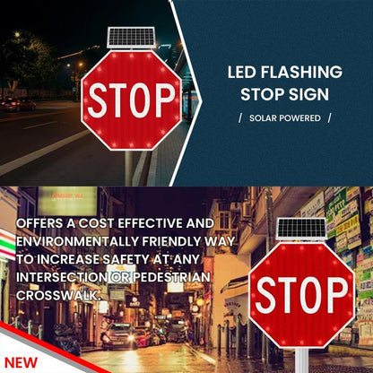 30" Solar Stop Sign Solar Powered LED Blinking Reflective Street Traffic Warning Sign Octagon Rust-proof Metal Frame