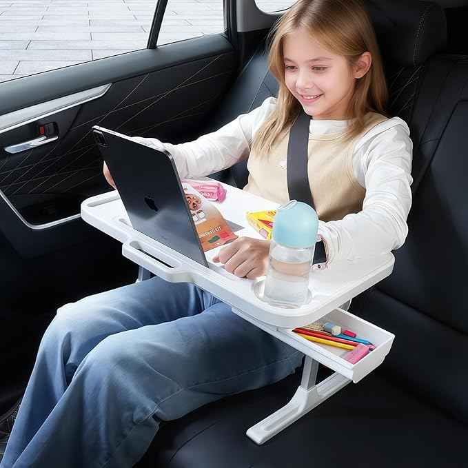Foldable Car Seat Tray Table, Adjustable Multifunctional Lap Tray for Kids, Portable Car Lap Desk for Laptop Computer Tablet, Rear Seat Tray for Eating/Reading, Travel Essentials Accessories