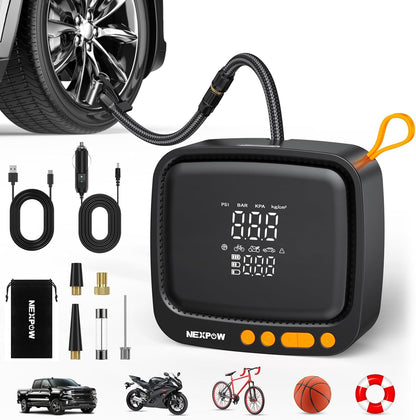 NEXPOW Tire Inflator Portable Air Compressor, 180 PSI Cordless Air Pump for Car Tires with Digital Pressure Gauge & Auto Shut-Off, Air Compressor Portable for Car, Motorcycle, Bicycle, Ball, Orange