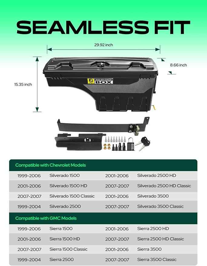 YHTAUTO Truck Bed Storage Tool Box Lockable Compatible with 1999-2007 Chevy Silverado GMC Sierra 1500/2500/3500 & HD(Fit 2007 Classic), Passenger Side, Swing Waterproof Wheel Well ToolBox