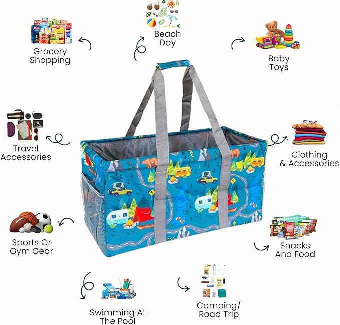 Extra Large Utility Tote Bag - Oversized Collapsible Reusable Wire Frame Rectangular Canvas Basket With Two Exterior Pockets For Beach, Pool, Laundry, Car Trunk, Storage - Camping