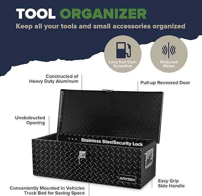 ARKSEN 30 x 13 x 10 Inch Diamond Plate Truck Bed Tool Box, Heavy Duty Waterproof Aluminum Toolboxes Storage Chest with Side Handle & Lock for Pickup Truck Bed, RV & Trailer – Black