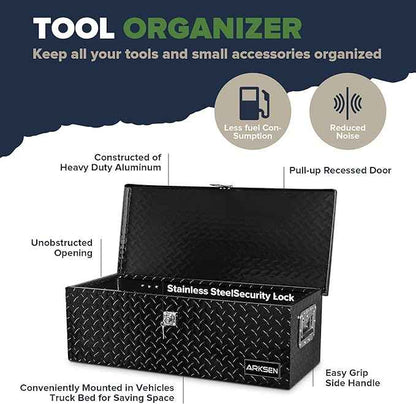 ARKSEN 30 x 13 x 10 Inch Diamond Plate Truck Bed Tool Box, Heavy Duty Waterproof Aluminum Toolboxes Storage Chest with Side Handle & Lock for Pickup Truck Bed, RV & Trailer – Black