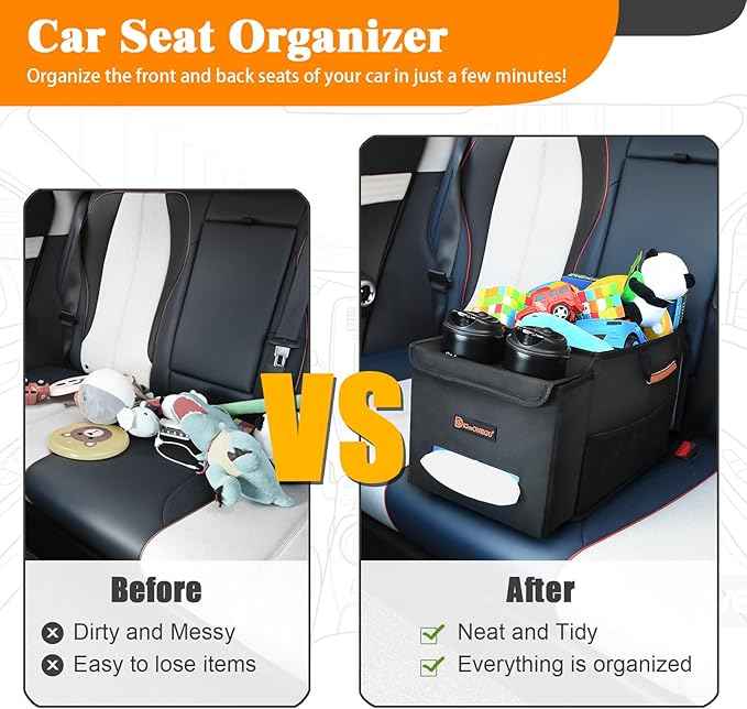 Car Seat Organizer-Car Organizers and Storage with Cooler Compartment, Car Organizer Front Back Seat for Kids, Car Storage Organizer with Lid Cup Holder Tissue Holder for Road Trips (Black)