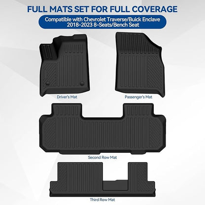 Custom Fit Floor Mats for Chevrolet Traverse/Buick Enclave 2018-2023 8-Seats/Bench Seat, All Weather TPE Floor Liners, Odorless Full Set Interior Accessories