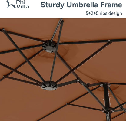 PHI VILLA 15ft Large Patio Umbrellas with Base, Outdoor Double-Sided Rectangle Market Umbrella for Pool Lawn Garden, Maillard Brown
