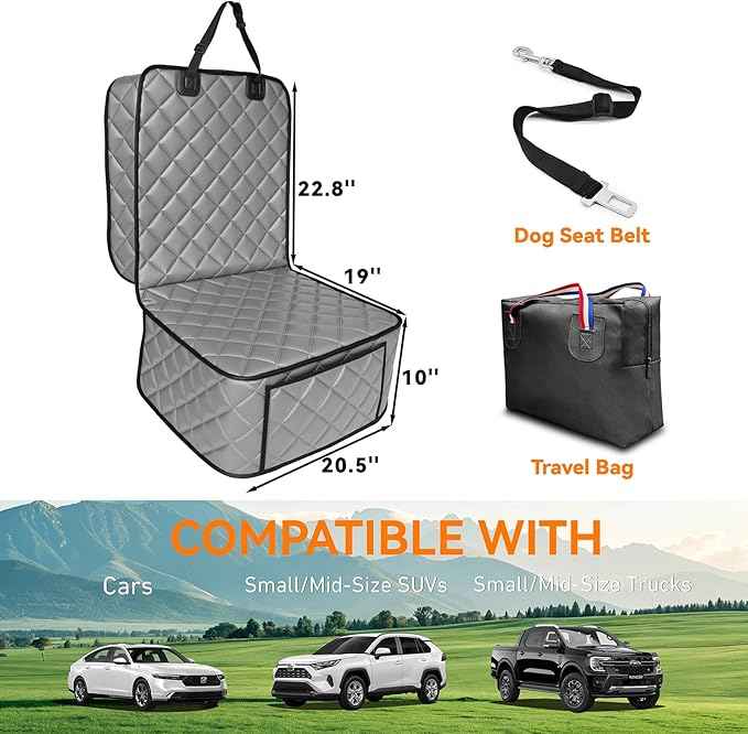Waterproof Car Front Seat Cover for Dogs, PU Leather Car Seat Protector for Pets,Nonslip Scratchproof Front Passenger seat Covers Fits for Cars, Trucks, SUVs (Grey, Front Seat Cover)