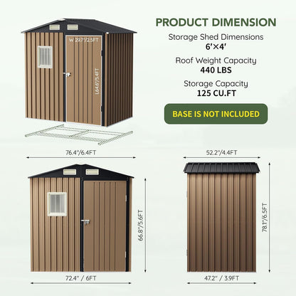 6x4 FT Outdoor Metal Storage Shed, Single Door, 1 Clear Window, Tool Shed for Garden, Patio, Backyard Brown