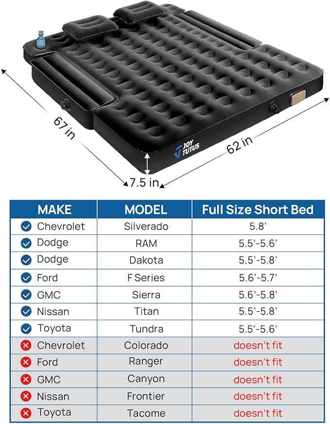 JOYTUTUS Truck Bed Air Mattress for 5.5-5.8Ft with Built-in Air Pump,Full Size Short Beds Inflatable Mattress for Outdoor Camping, with Carry Bag & Cup Holder, Black