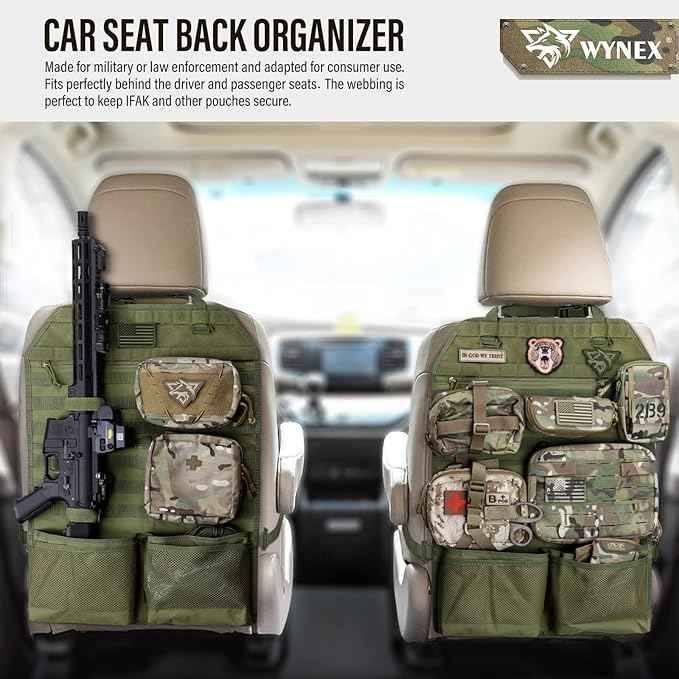 WYNEX Car Seat Organizer, Molle Backseat Cover Organizer Protector with Sling Rack, Visual Pocket and Patch, Universal Vehicle Fits for F150, Jeeps, Pickups & Trucks for Road Trips