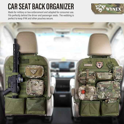 WYNEX Car Seat Organizer, Molle Backseat Cover Organizer Protector with Sling Rack, Visual Pocket and Patch, Universal Vehicle Fits for F150, Jeeps, Pickups & Trucks for Road Trips
