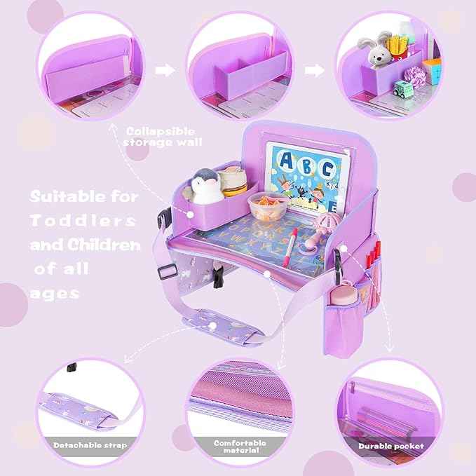 MENZOKE Kids Travel Tray for Toddler Car Seat, Toddler Gift for Girl Activities with Dry Erase Board & iPad Holder Stand, Road Trip Essentials Accessories Lap Tray for Girl as Birthday Gift, Purple
