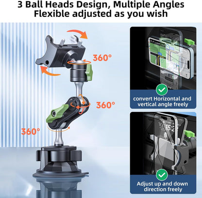 HEMMOTOP Suction Cup Car Phone Mount, 12 in Heavy Duty Metal Cell Phone Holder for Windshield, 360° Rotation Vacuum Magic Arm for iPhone All Smartphone & Cars Truck
