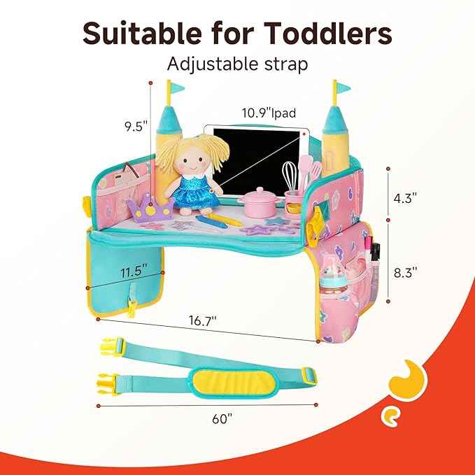 MENZOKE Car Seat Tray with 2 Removable Castle Towers, Carseat Tray for Toddler Girls Gifts Age 4–5, Kids Travel Tray for Kids,Foldable Snack Table with Storage Pockets for Road Trip,Pink & Green