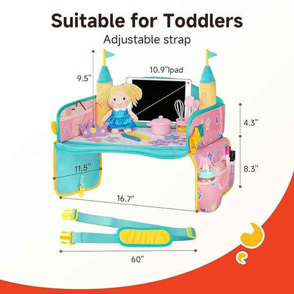 MENZOKE Car Seat Tray with 2 Removable Castle Towers, Carseat Tray for Toddler Girls Gifts Age 4–5, Kids Travel Tray for Kids,Foldable Snack Table with Storage Pockets for Road Trip,Pink & Green