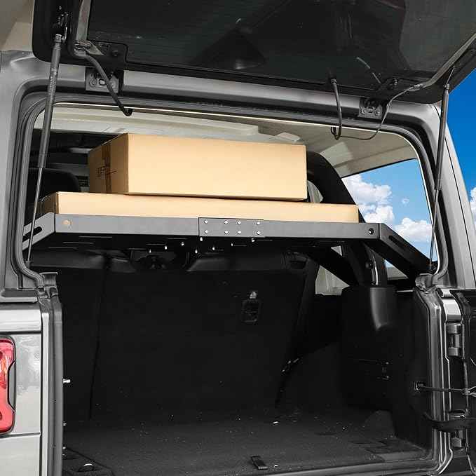 RT-TCZ Rear Trunk Cargo Rack Basket for Jeep Wrangler JKU (2007-2017) & JLU (2018+), 4 Door Interior Storage Shelf, Black Aluminum Alloy & Stainless Steel, 3PCS Assembled Pallet